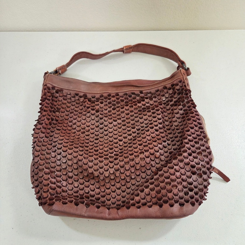 Reptile's House Italy Brown Leather Laser Cut 3D Hexagon Studded Hobo Bag Large